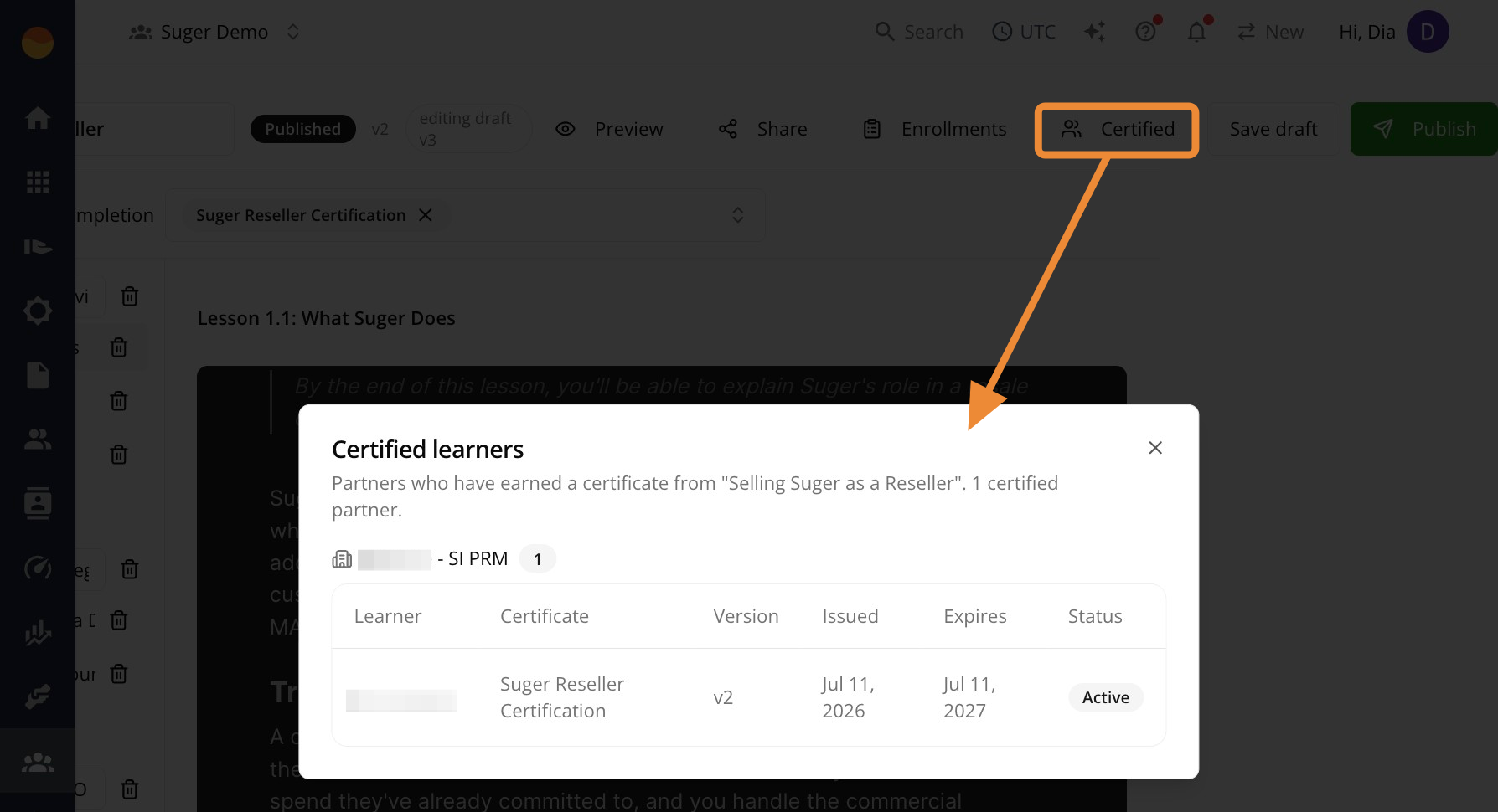 Certified learners list grouped by partner organization