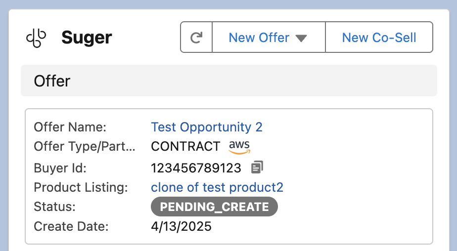 Suger widget showing a new offer in PENDING_CREATE status