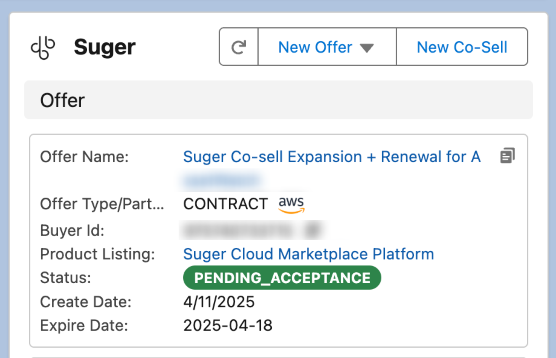 Suger widget showing updated offer status