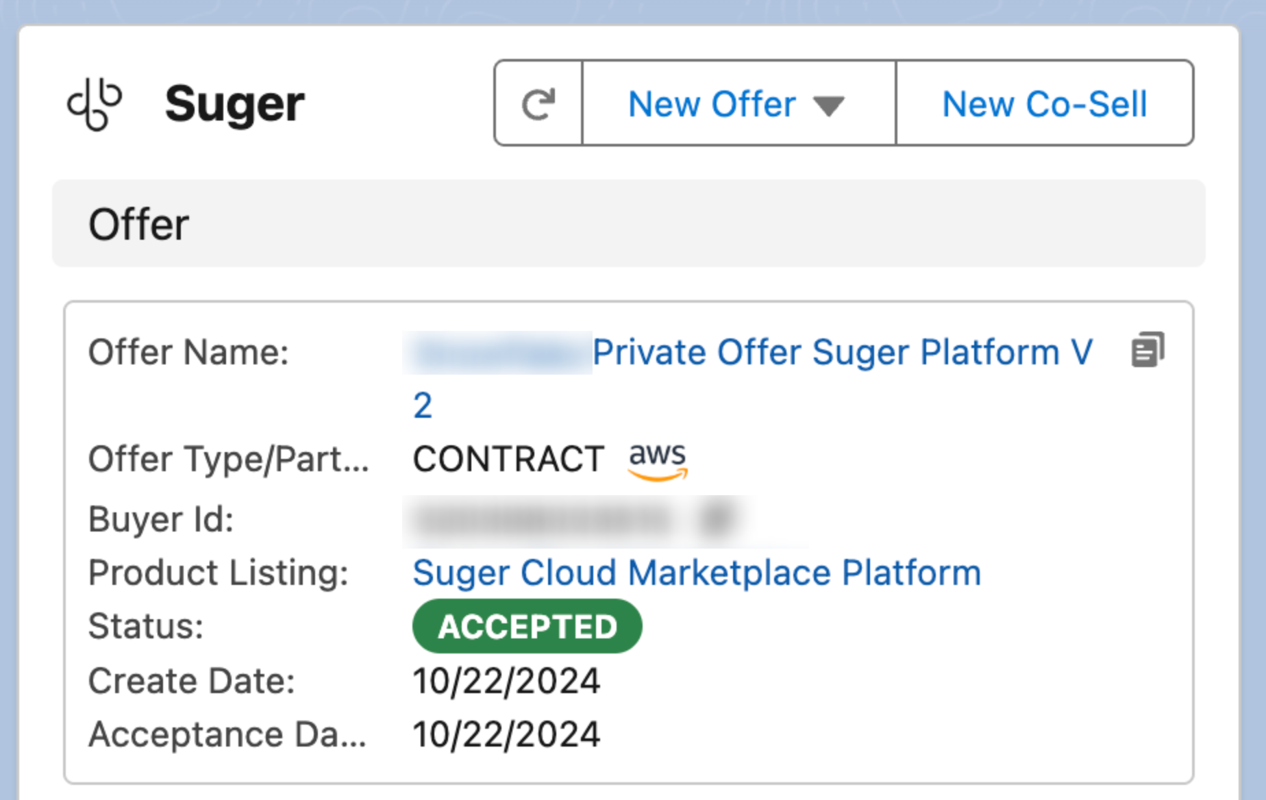 Suger widget showing an accepted offer linked to the Offer object
