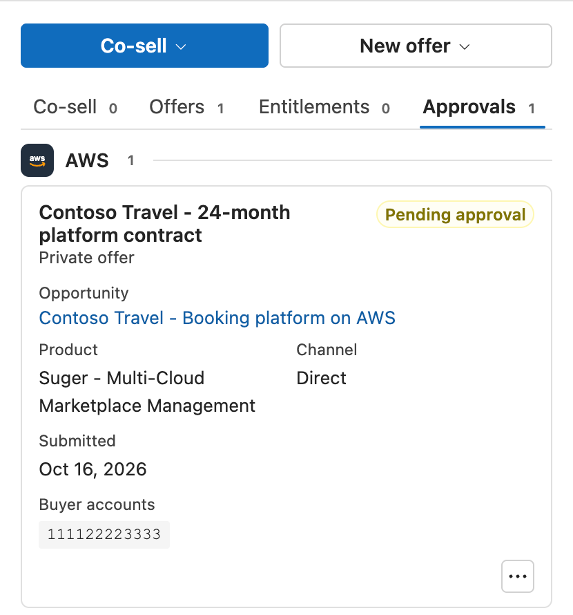 The Approvals tab of the Fours pane with one Pending approval offer card that shows its opportunity link, product, channel, submitted date and buyer account