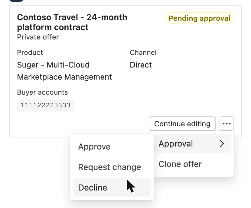 The ... menu of an offer card with the status Pending approval, with the Approval submenu open and its Approve, Request change and Decline items