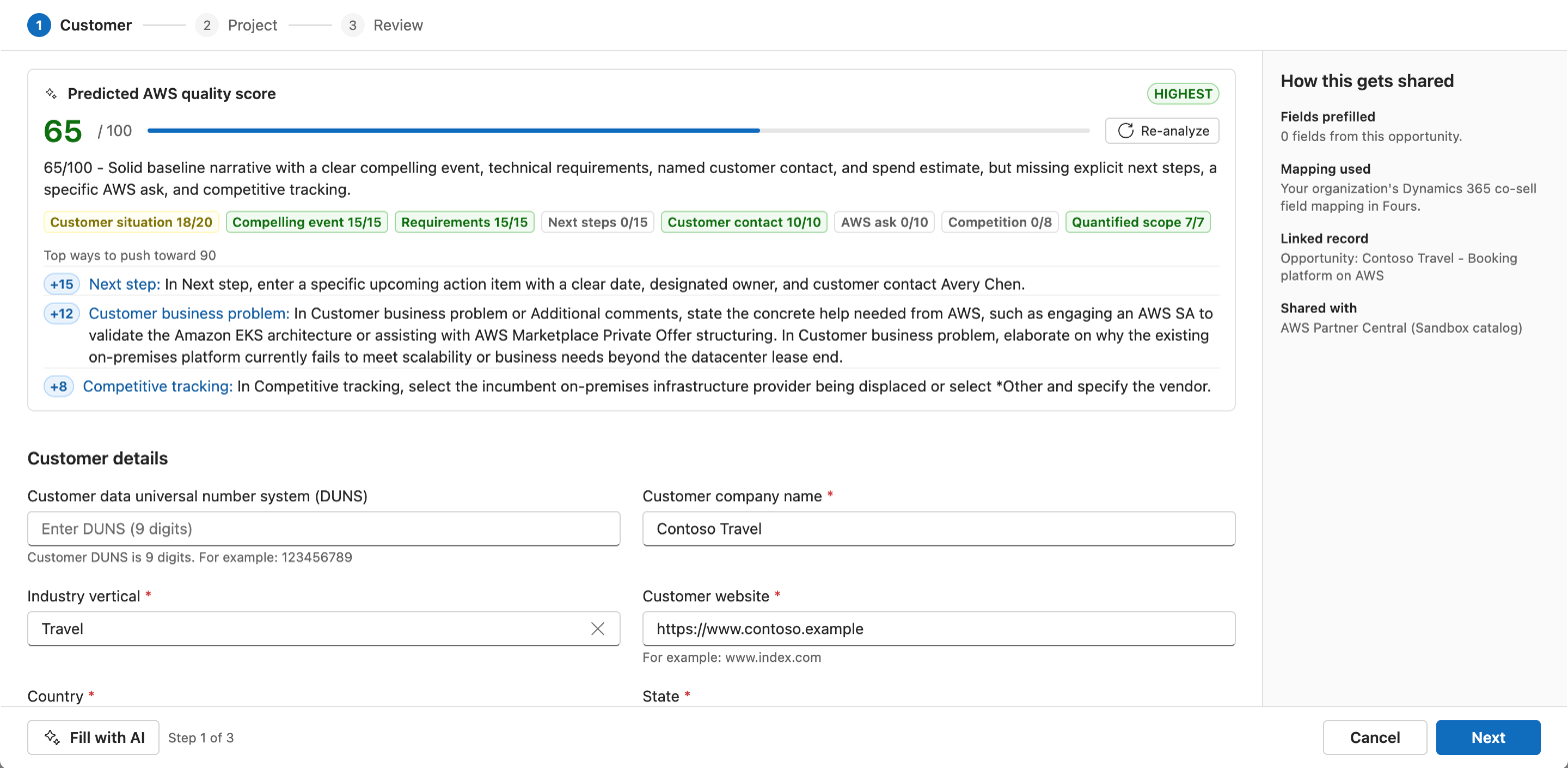 The Co-sell with AWS dialog on the Customer step, with the predicted AWS quality score and its top fixes above the Customer details fields, and the How this gets shared box on the right
