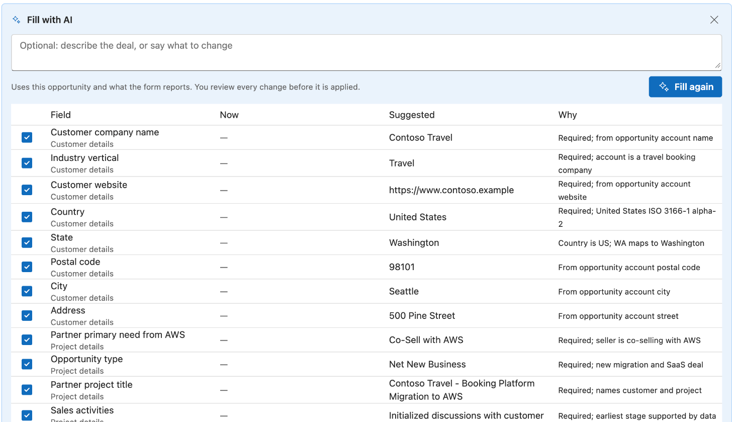 The Fill with AI panel with the optional instruction box, the Fill again button, and a table of selected suggestions with the Field, Now, Suggested and Why columns