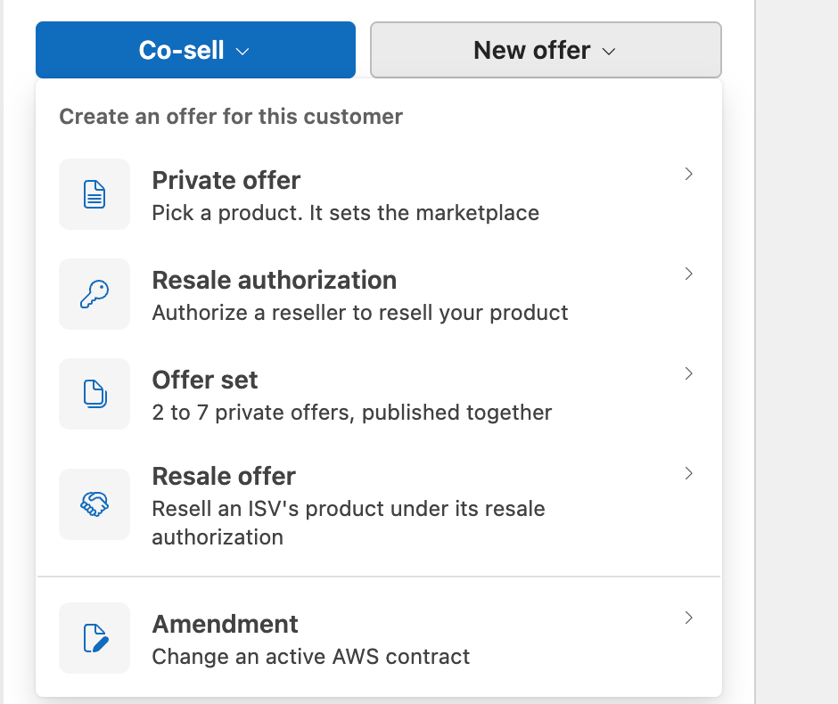 The New offer menu of the Fours pane, headed "Create an offer for this customer", with Private offer, Resale authorization, Offer set and Resale offer, and Amendment below a divider