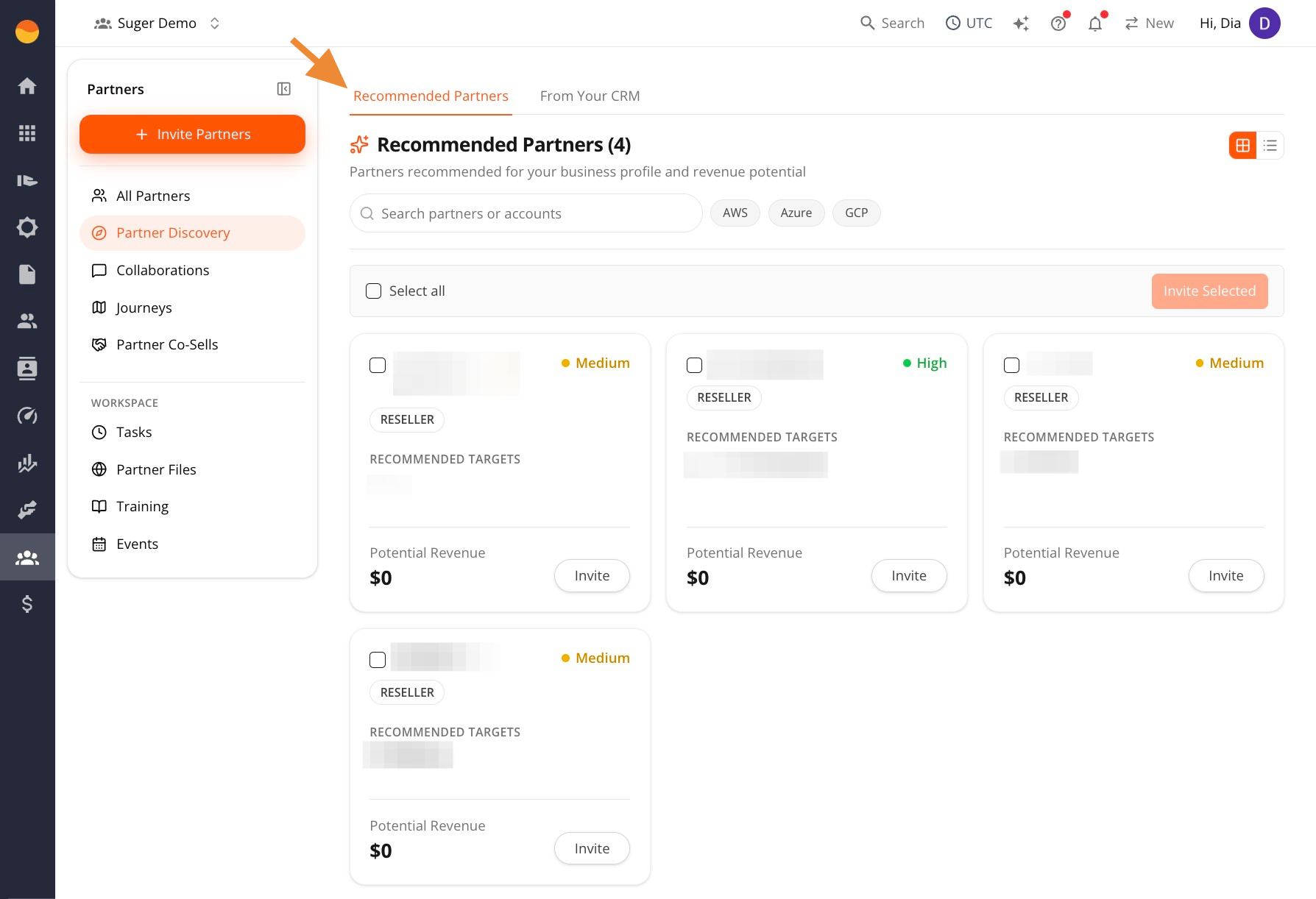 Recommended Partners tab showing AI-assisted partner recommendation cards