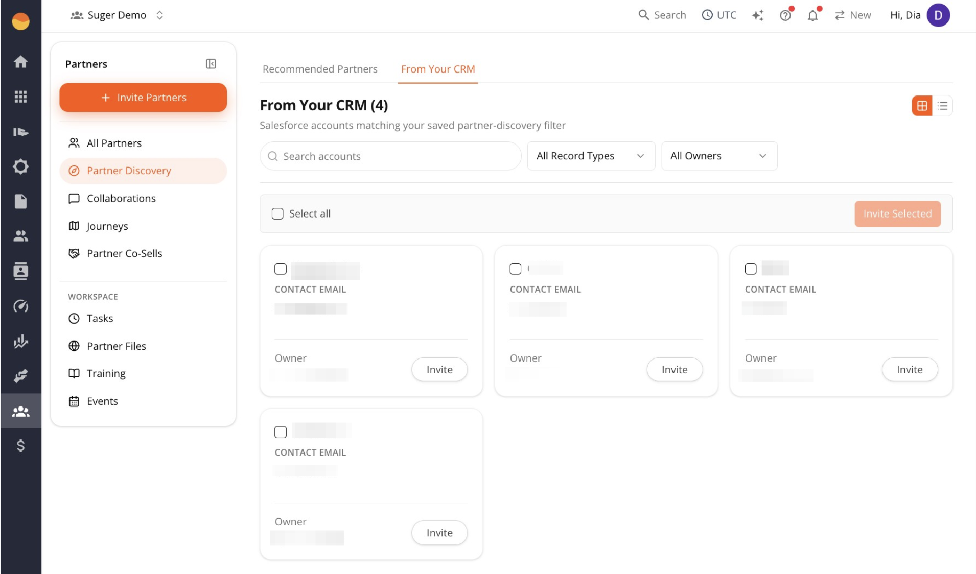 From Your CRM tab listing partner accounts synced from Salesforce