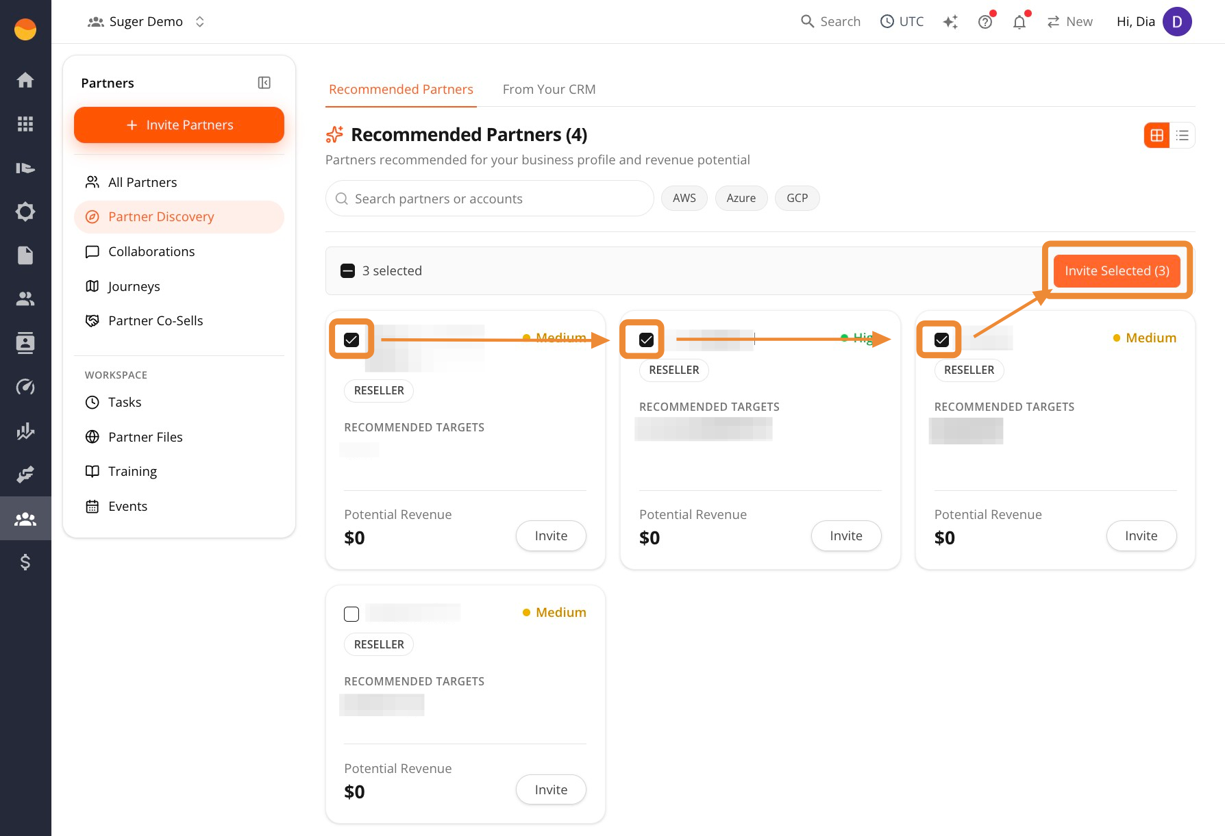 Selecting multiple partners and choosing Invite Selected for a bulk invitation