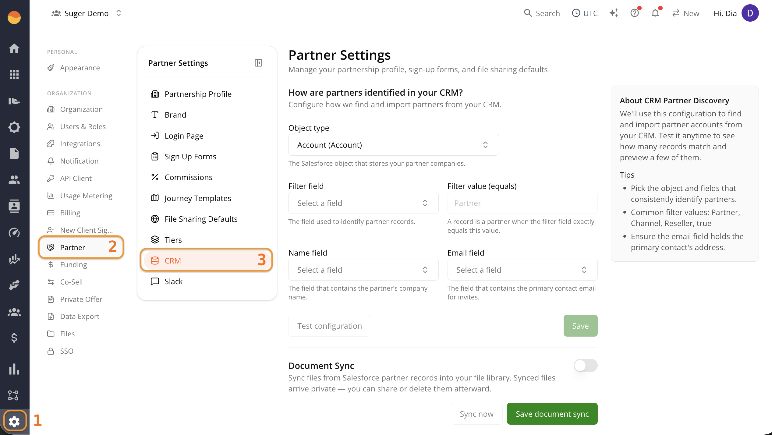 Partner CRM settings under Suger Console Settings