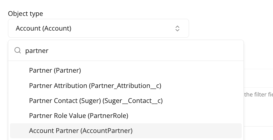 Selecting the Salesforce object type that stores partners