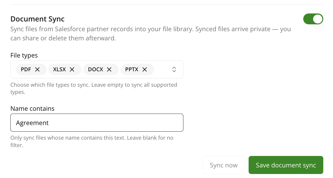 Document Sync settings with file type and name filters