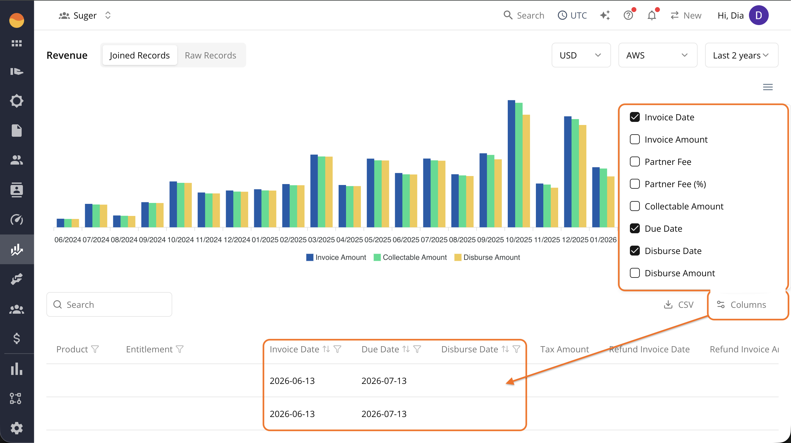 Joined Records showing invoice, due, and disburse dates
