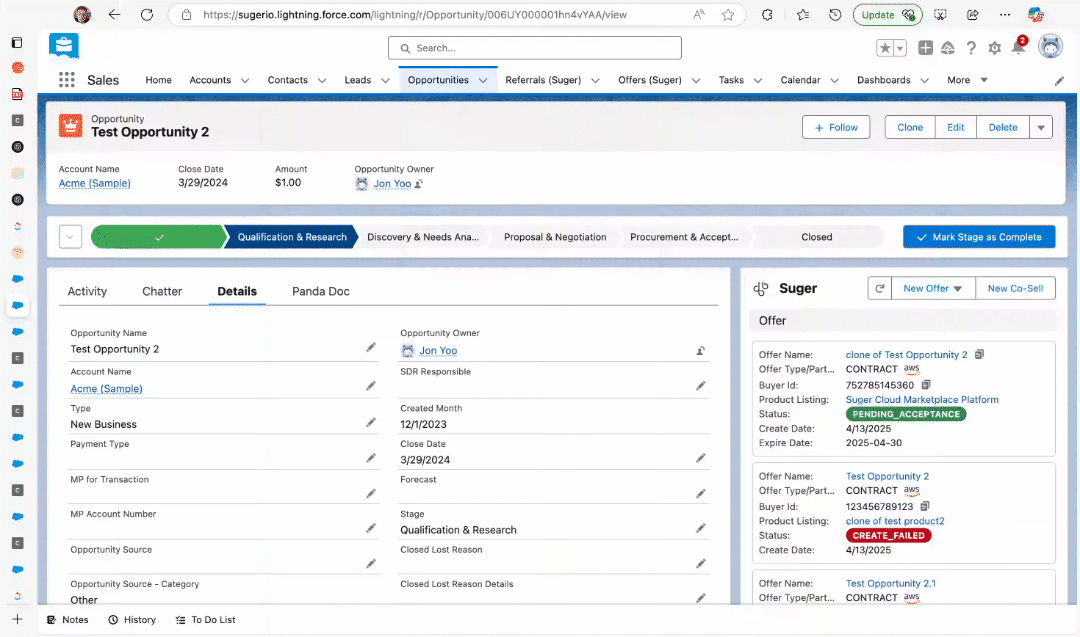 Canceling a private offer from the Suger Widget in Salesforce