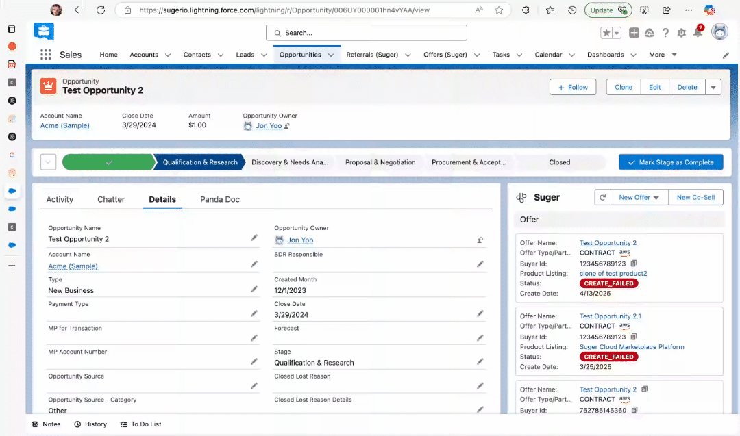 Cloning a private offer from the Suger widget in Salesforce