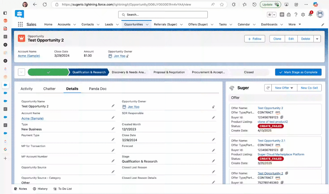 Extending a private offer from the Suger Widget in Salesforce