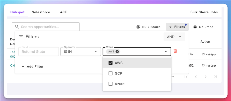Filter for deals shared with selected cloud partners