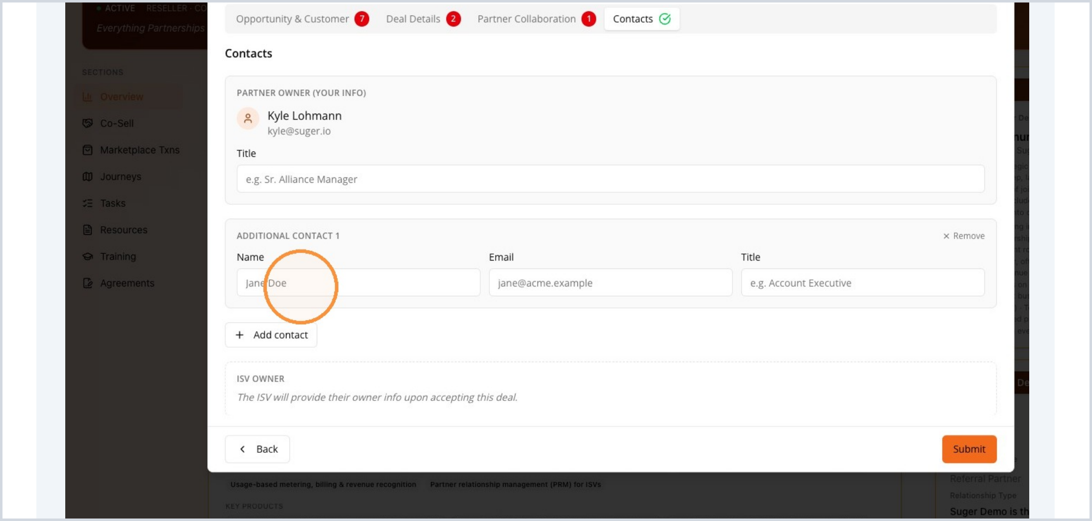 Contacts section with additional contact fields and Submit button