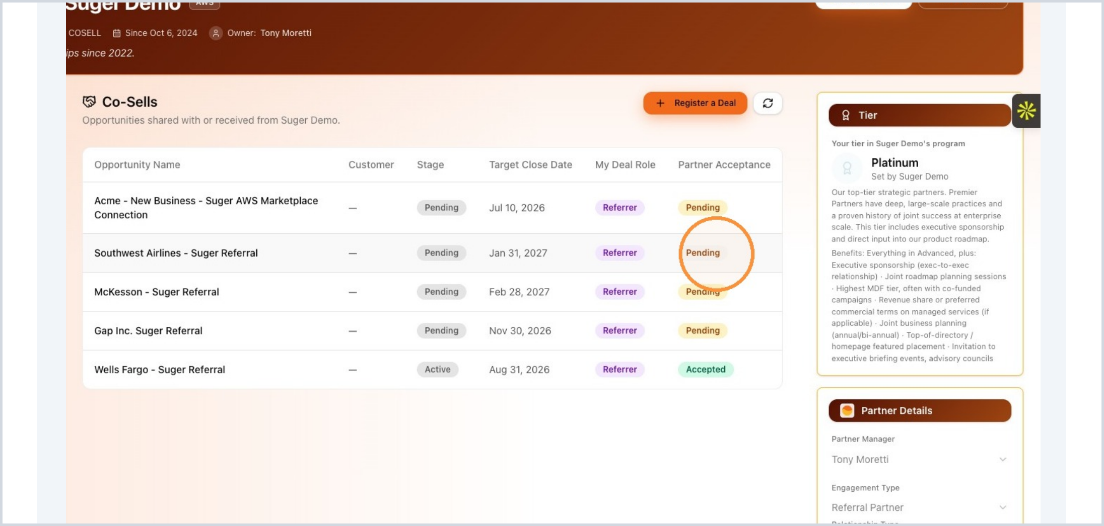 Co-Sell deal list with partner acceptance status