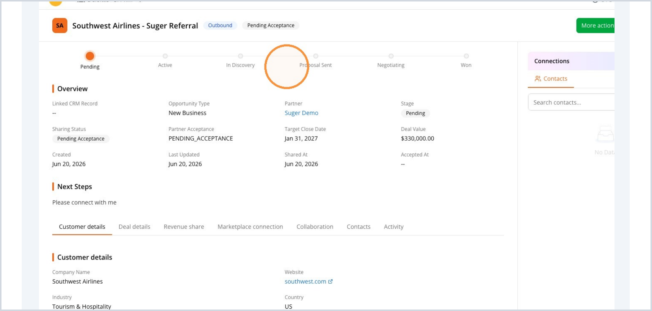 Deal detail view with status and stage tracking