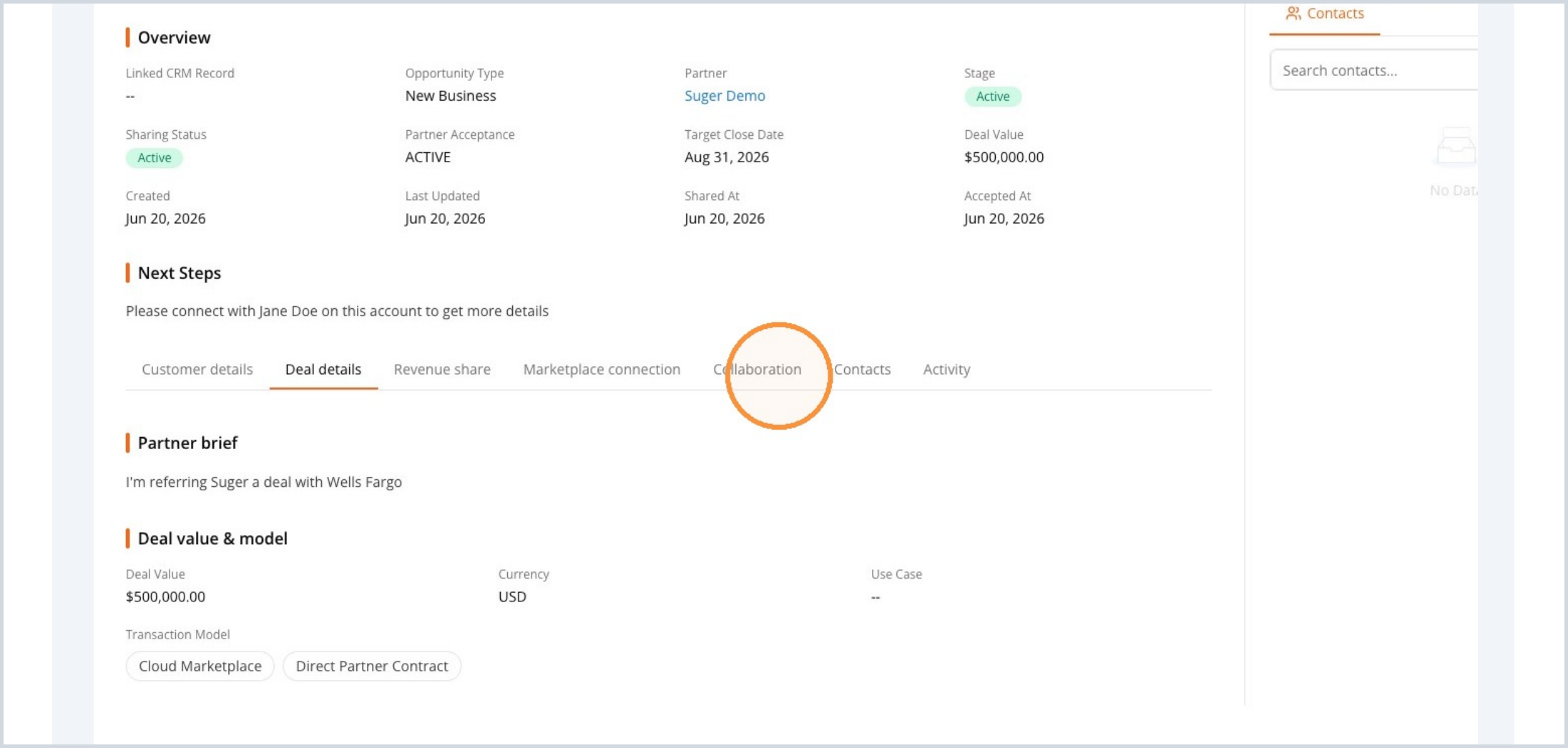 Collaboration and deal detail tabs inside the opportunity record