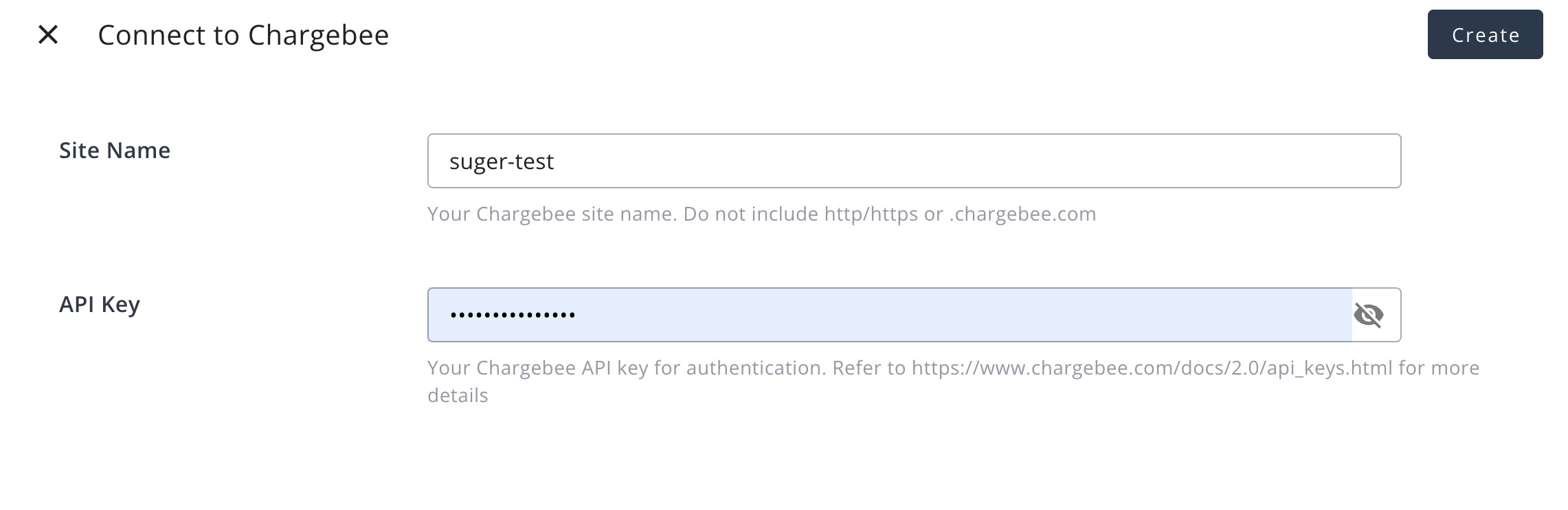 Chargebee integration setup dialog with Site Name and API Key fields
