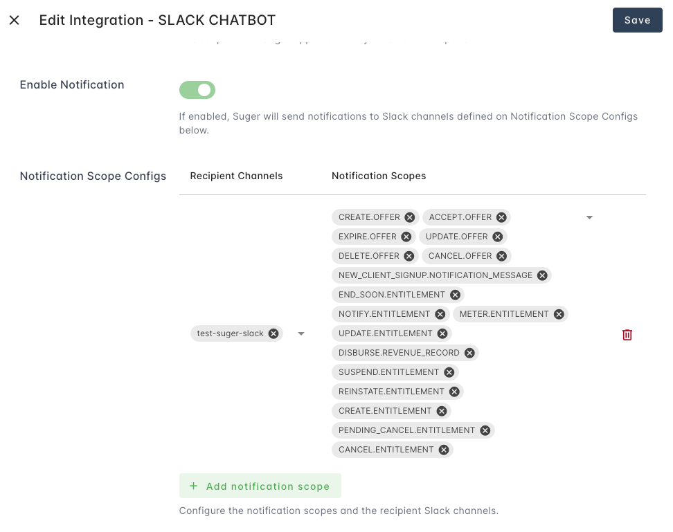 Slack notification configuration in the Suger Console