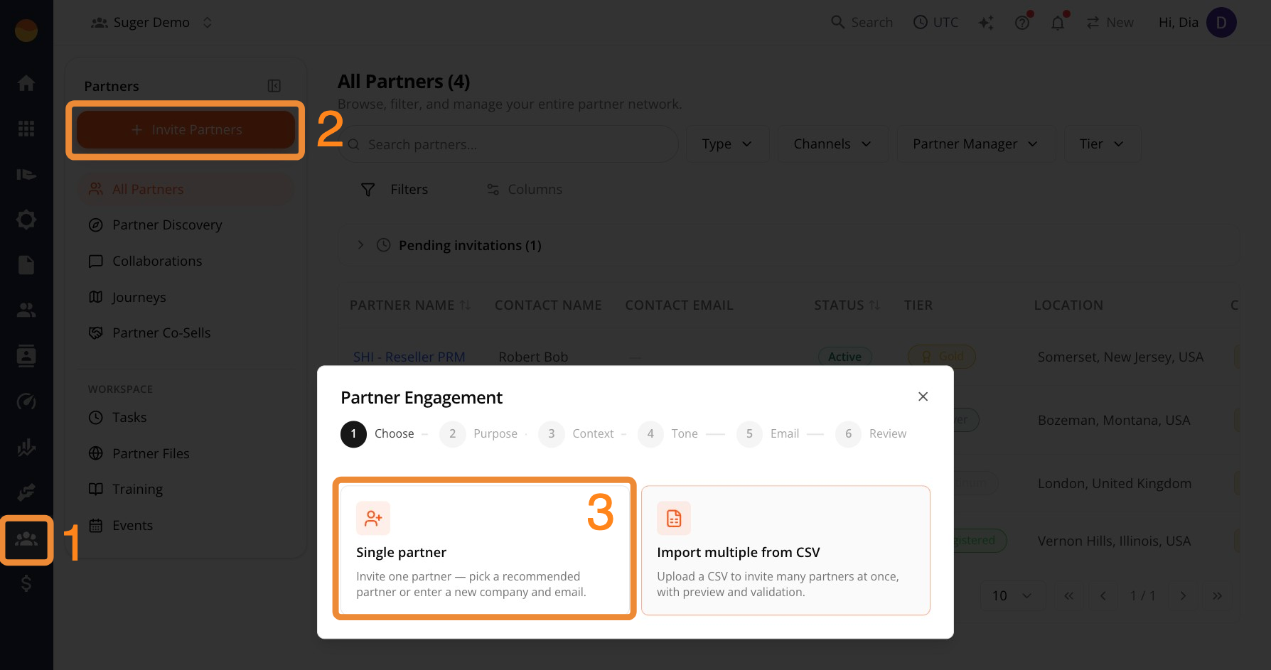Invite Partners menu with the Single partner option