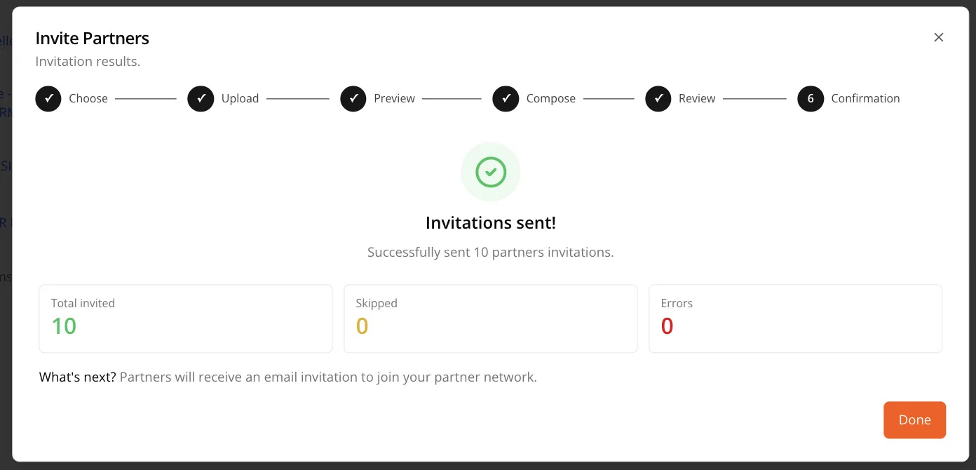 Confirmation screen with sent, skipped, and error counts