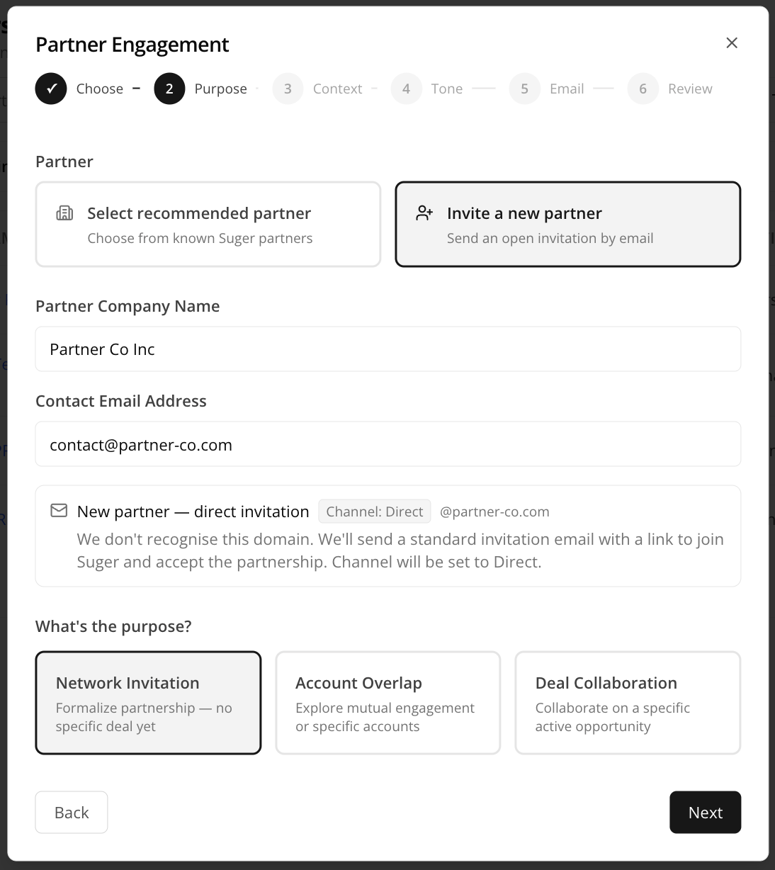Partner selection and purpose options for a single invitation