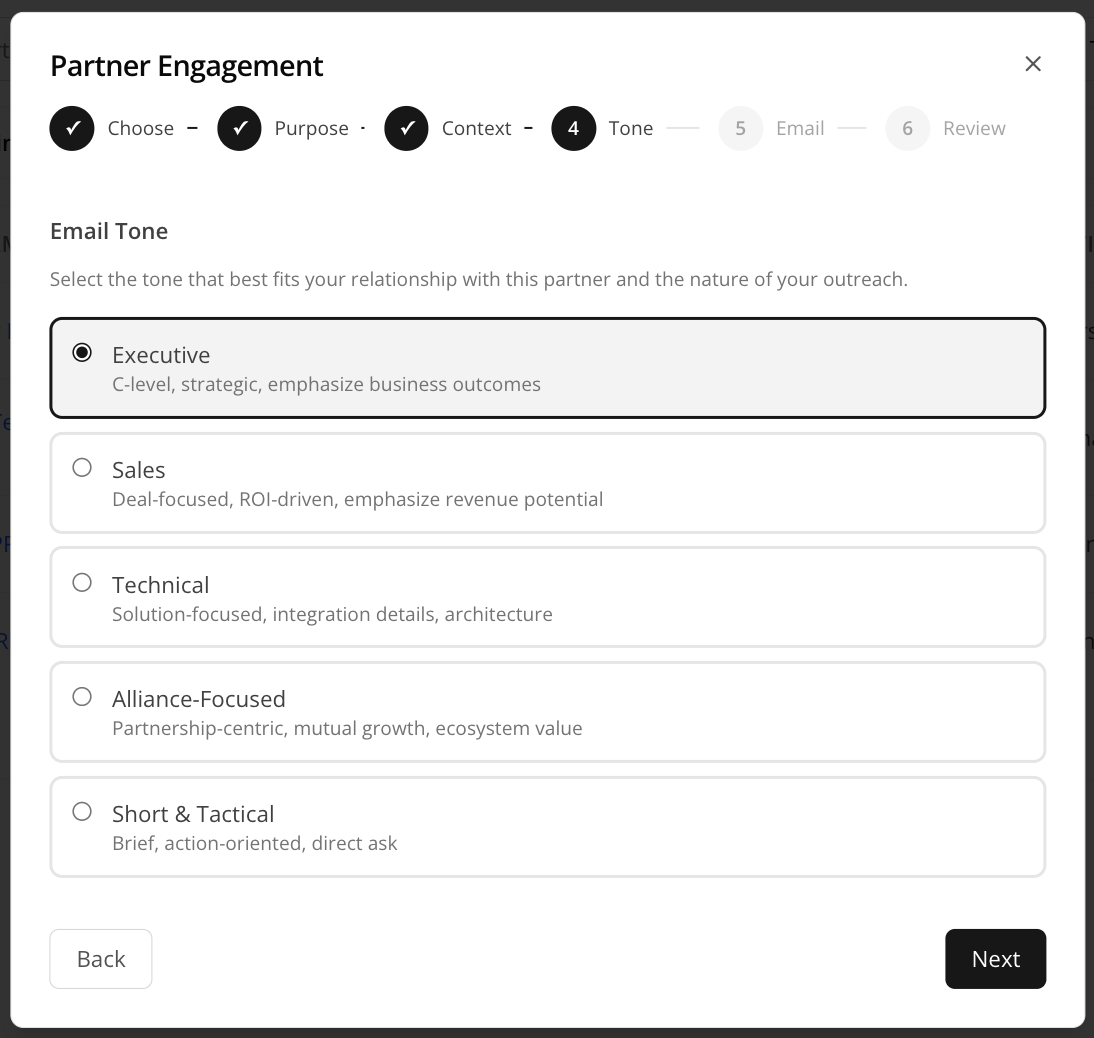 Email tone selection with five options