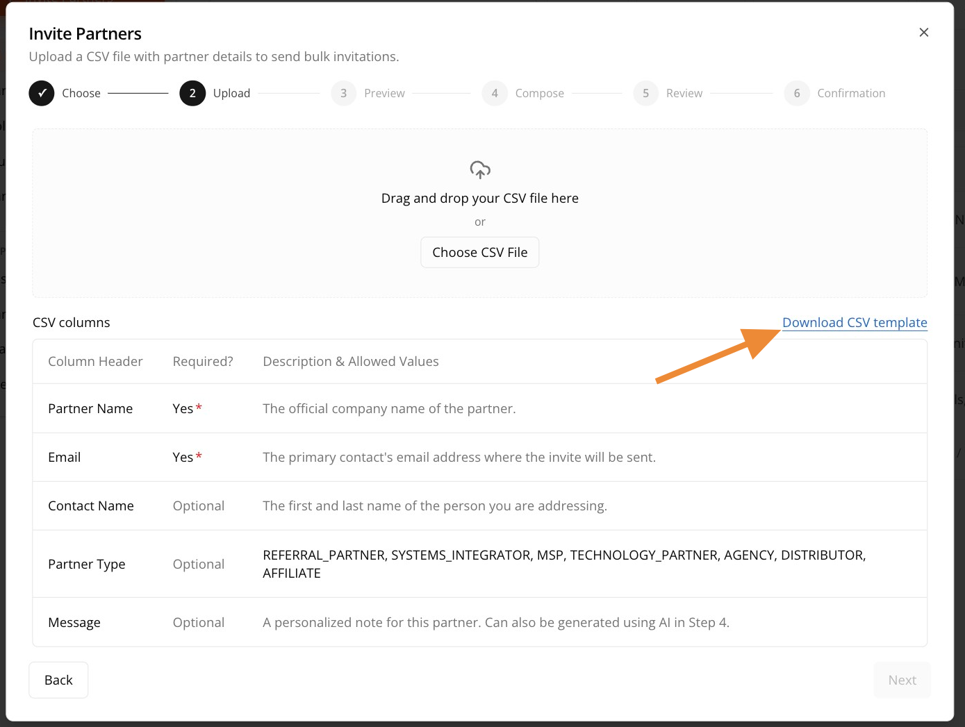 Download CSV template button
