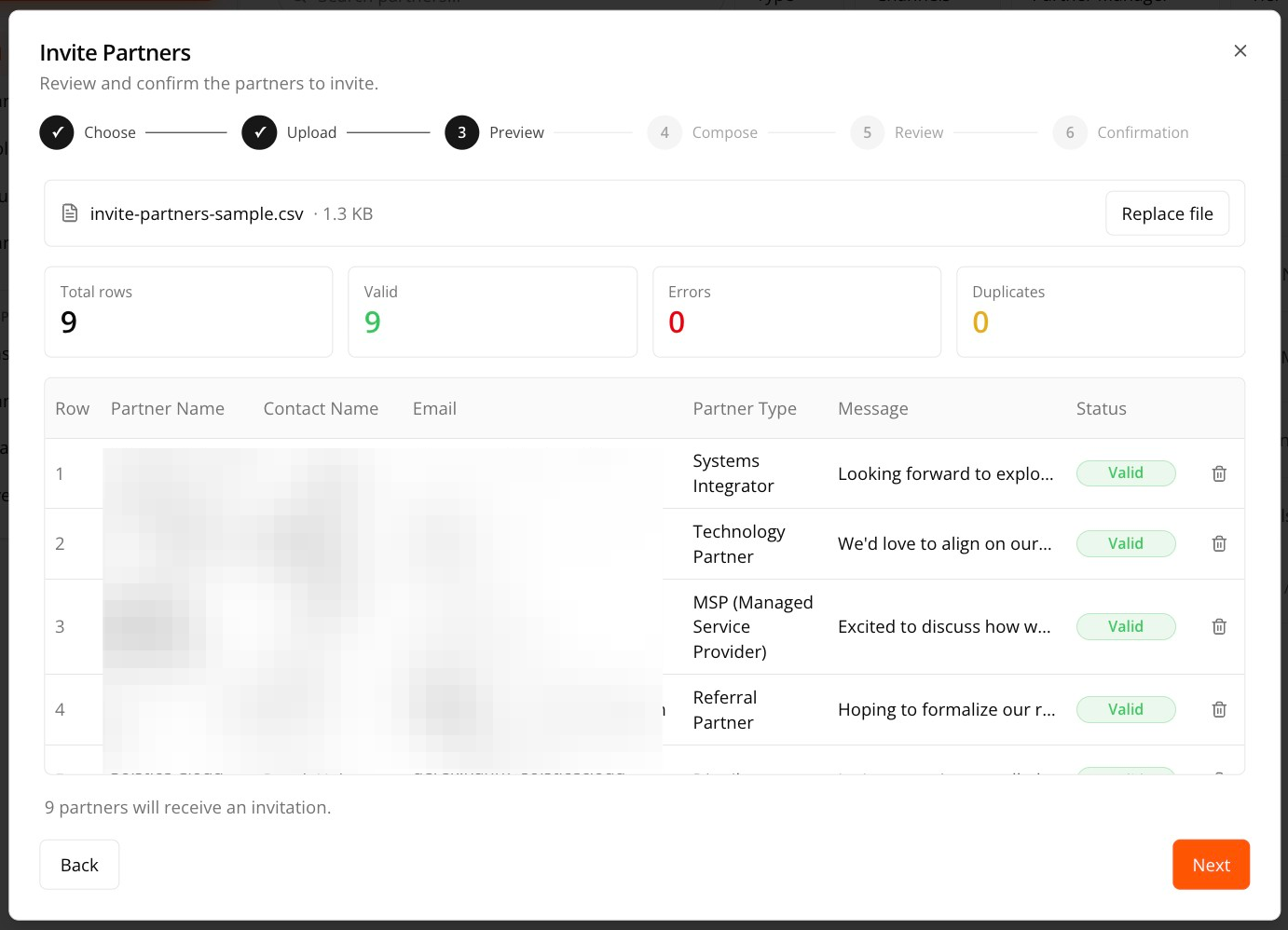 CSV preview with validation summary and row-by-row breakdown