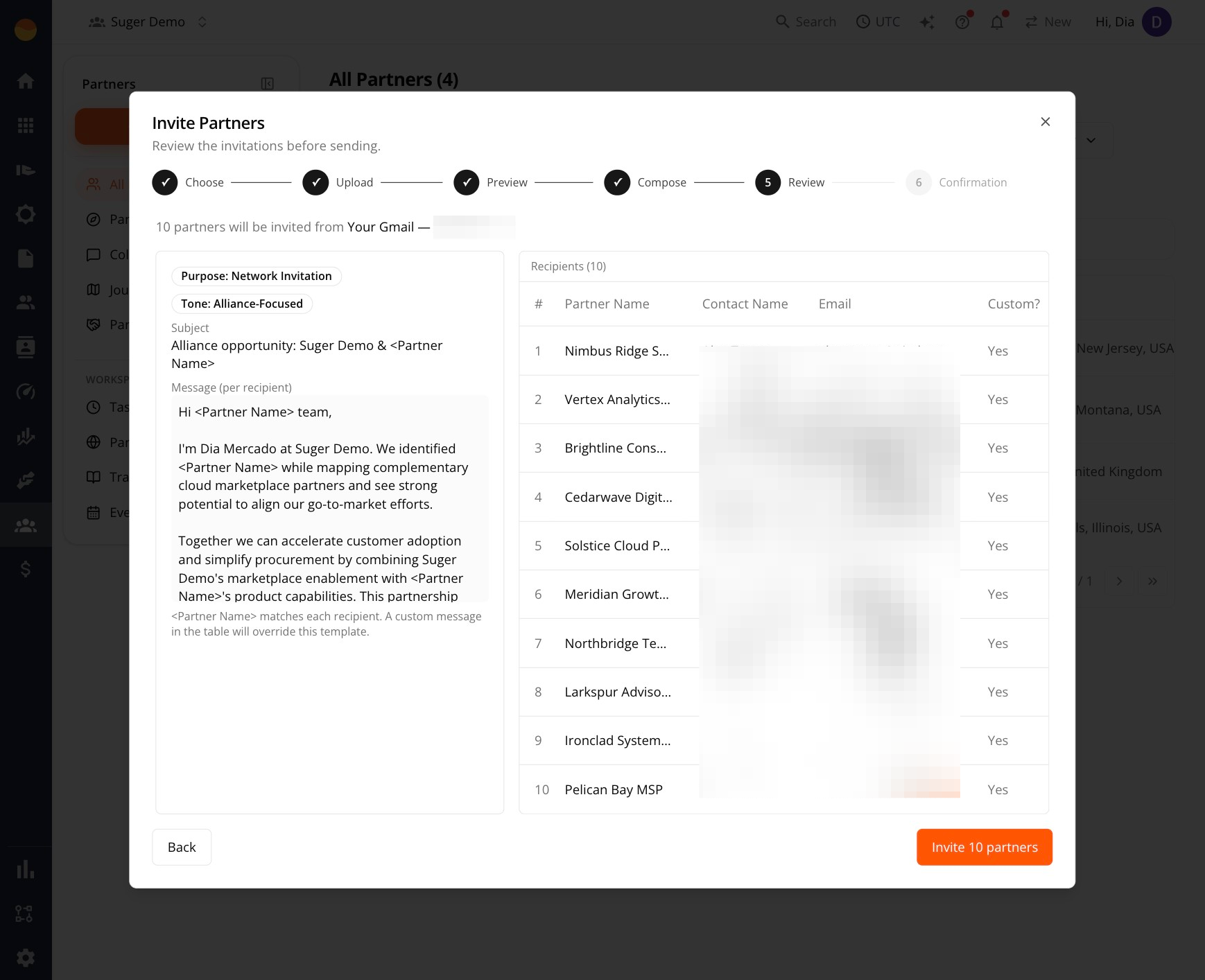 Review screen with recipients table before sending