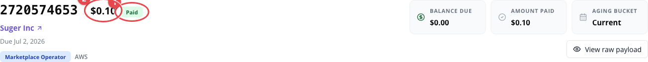 Invoice detail header with status and amount circled