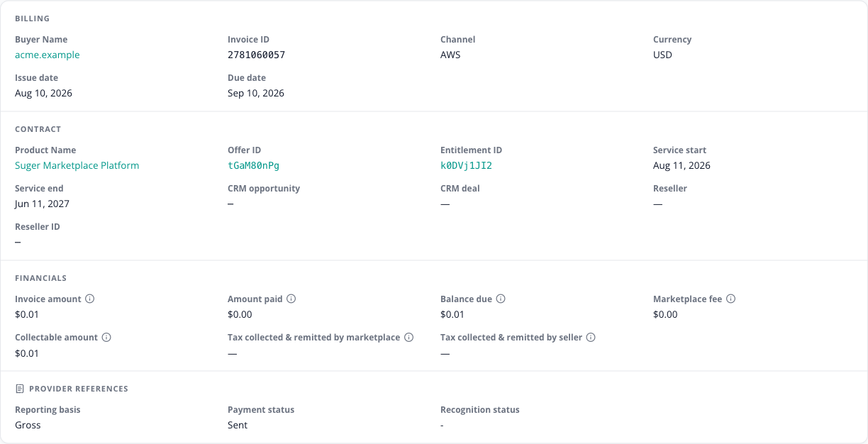 An AWS invoice detail — the Financials panel showing the invoice amount, marketplace fee and collectable amount, followed by the two AWS-only tax lines: tax collected and remitted by the marketplace, and tax collected and remitted by the seller