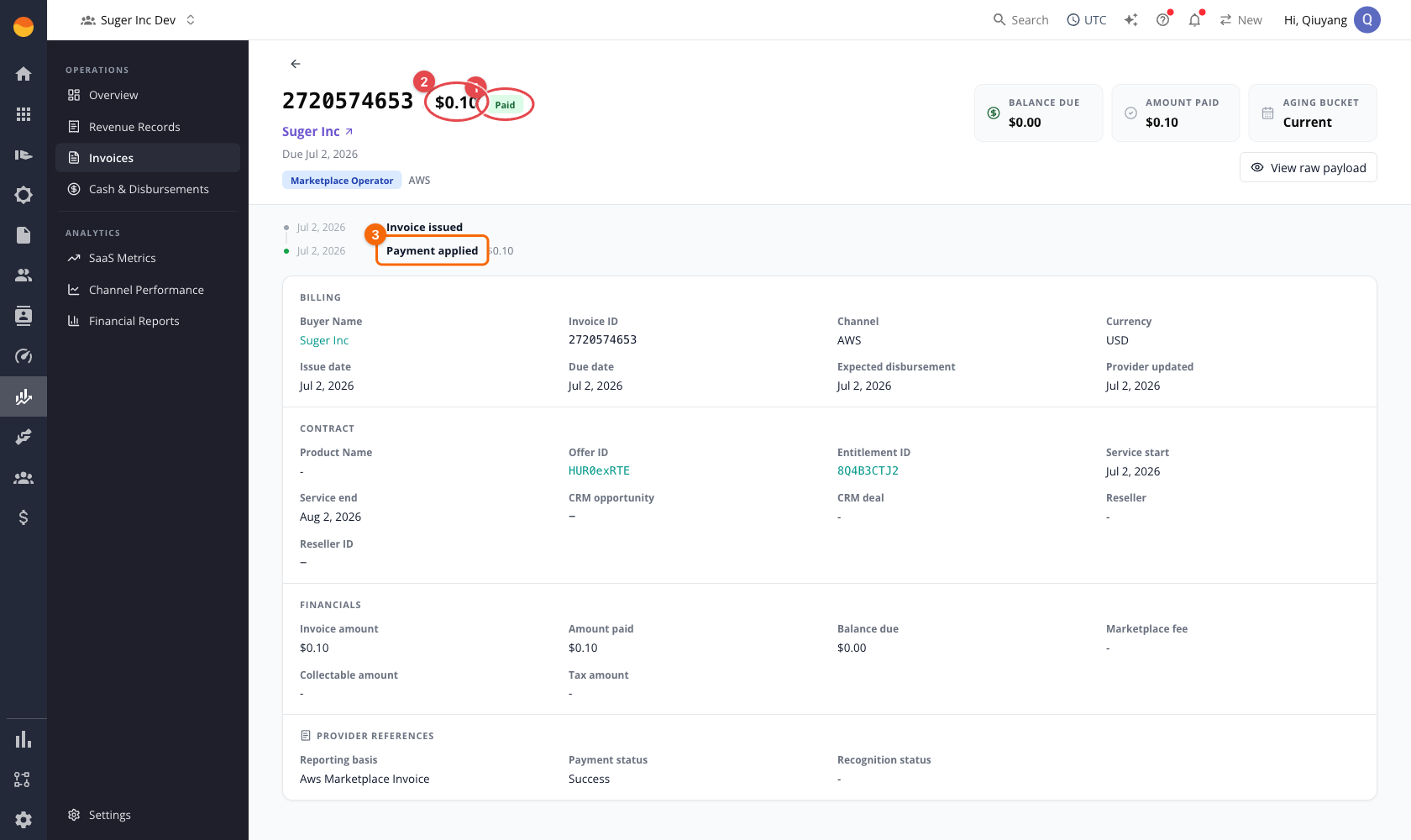 Invoice detail: billing, contract, financials, and provider references with a lifecycle timeline