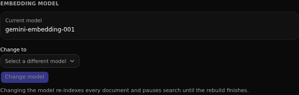 The Embedding model section of Settings — the Current model, a Change to picker of other eligible models, and the Change model button that starts a re-index