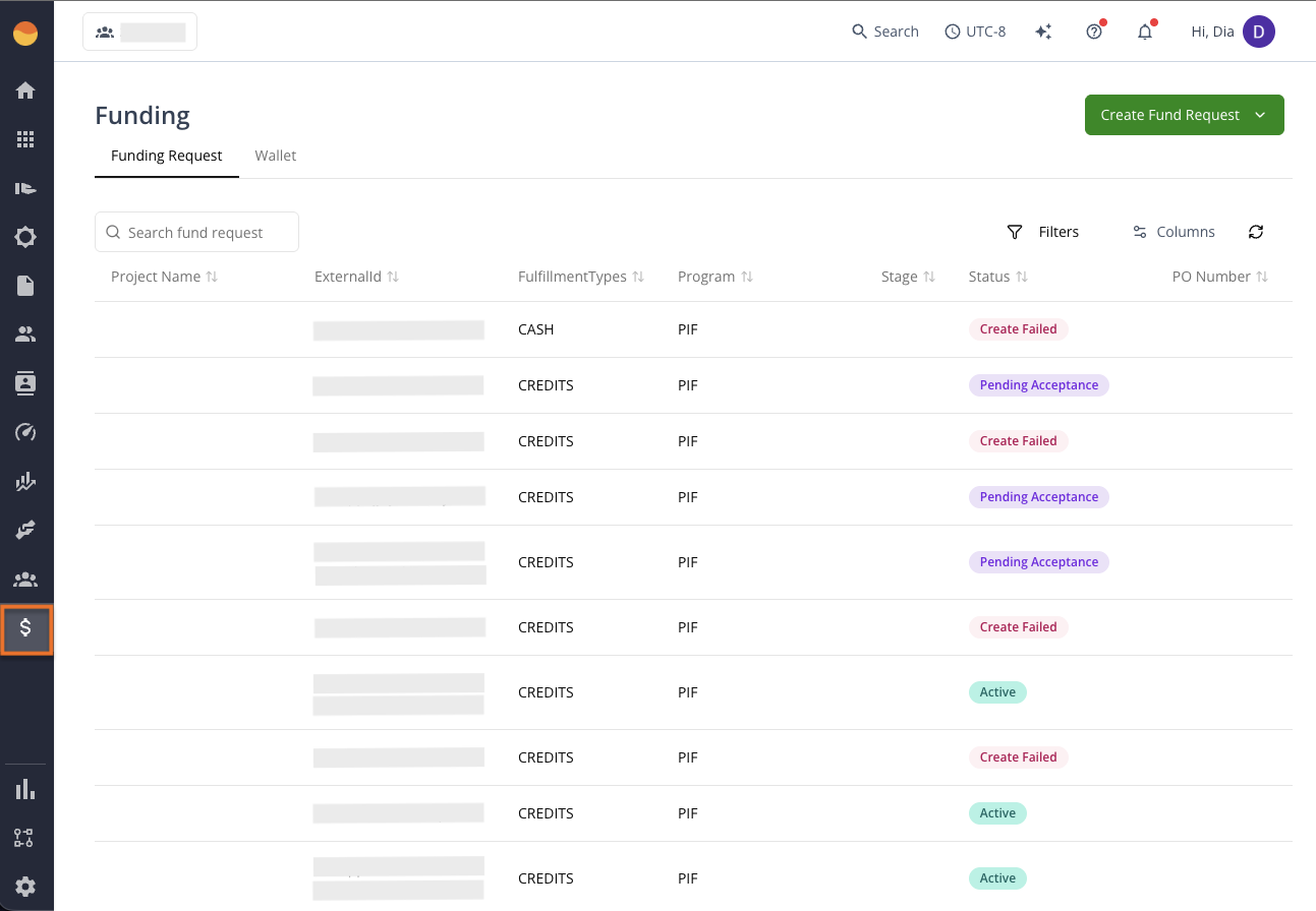 Funding page in the Suger Console