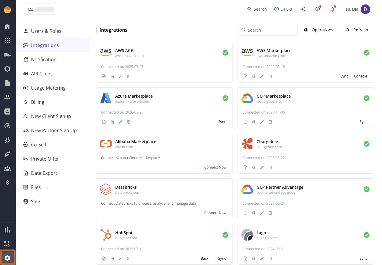 Settings page in the Suger Console