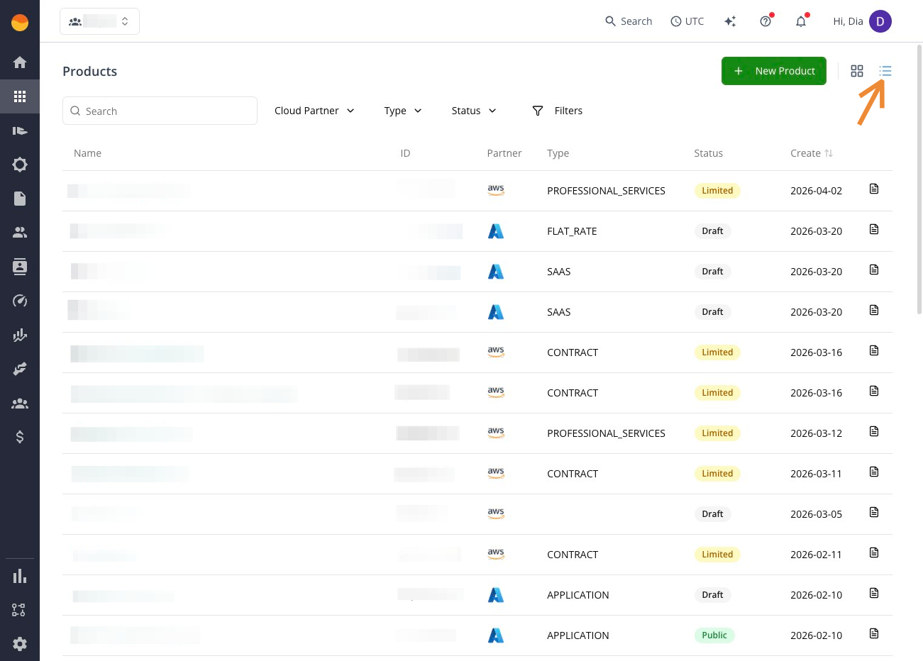 List view on the Products page in the Suger Console