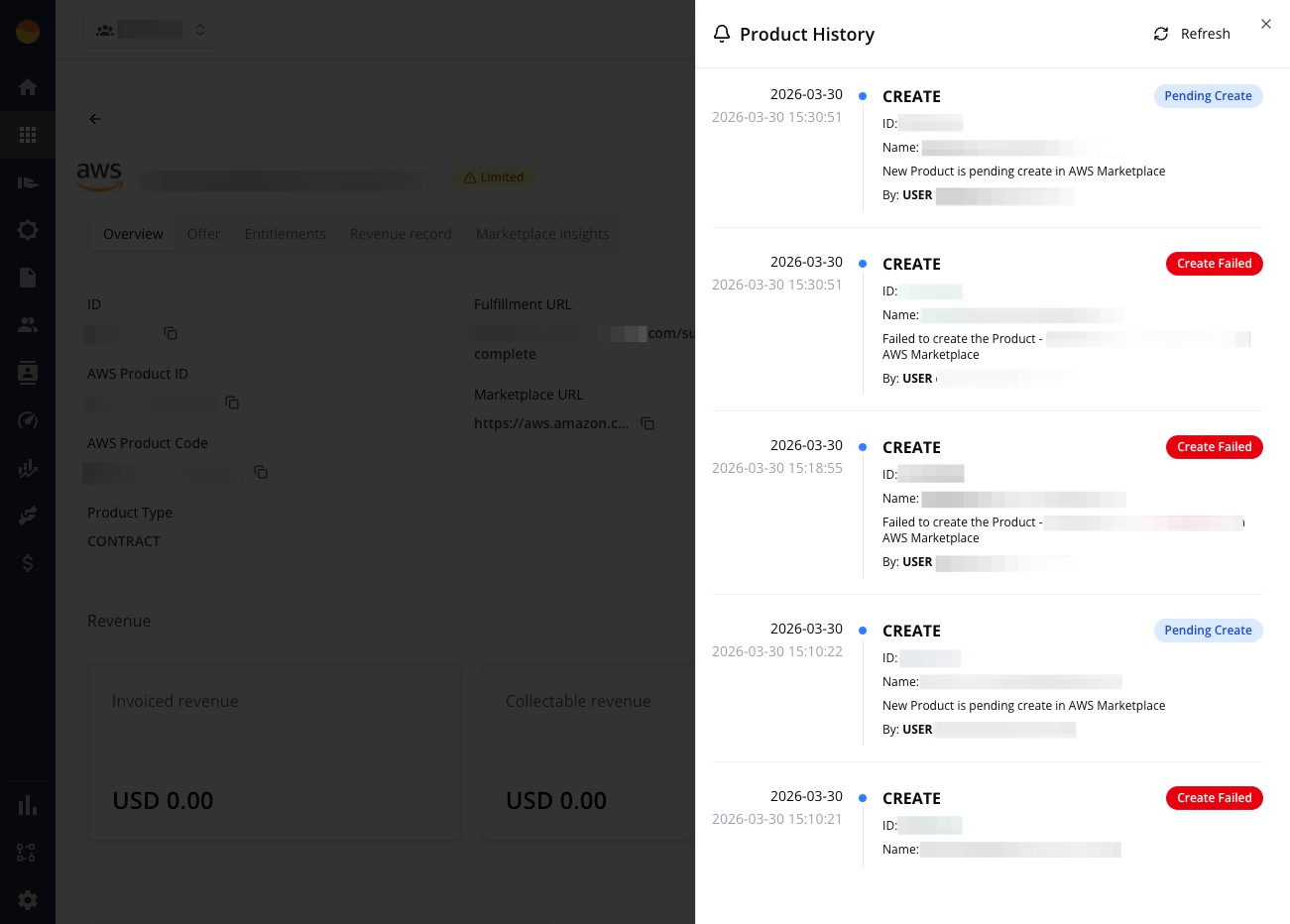 Product History panel in the Suger Console