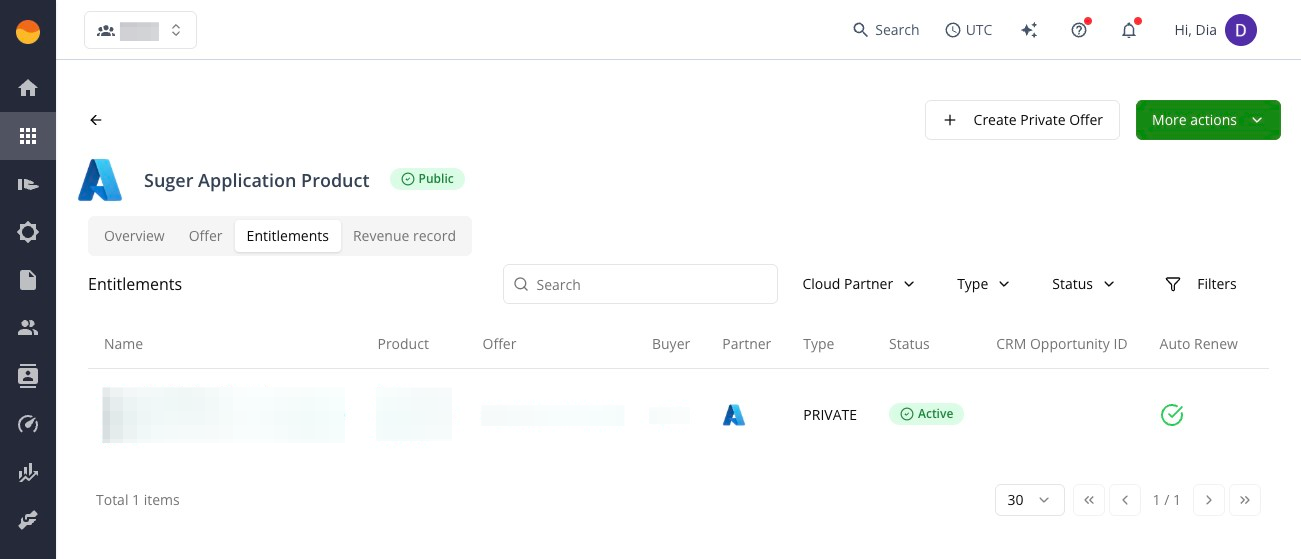 Entitlement tab on a product in the Suger Console