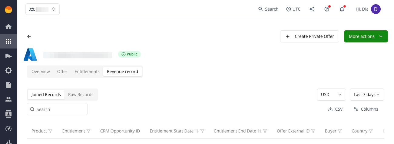 Revenue record tab on a product in the Suger Console