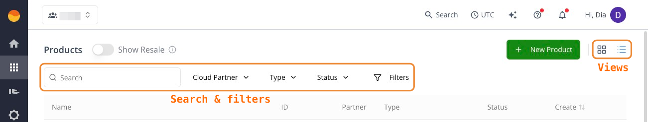 Filters and views on the Products page in the Suger Console