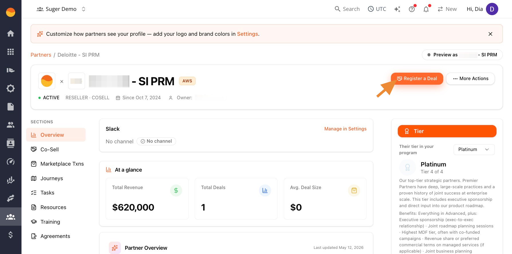 Register a Deal button on a partner's profile