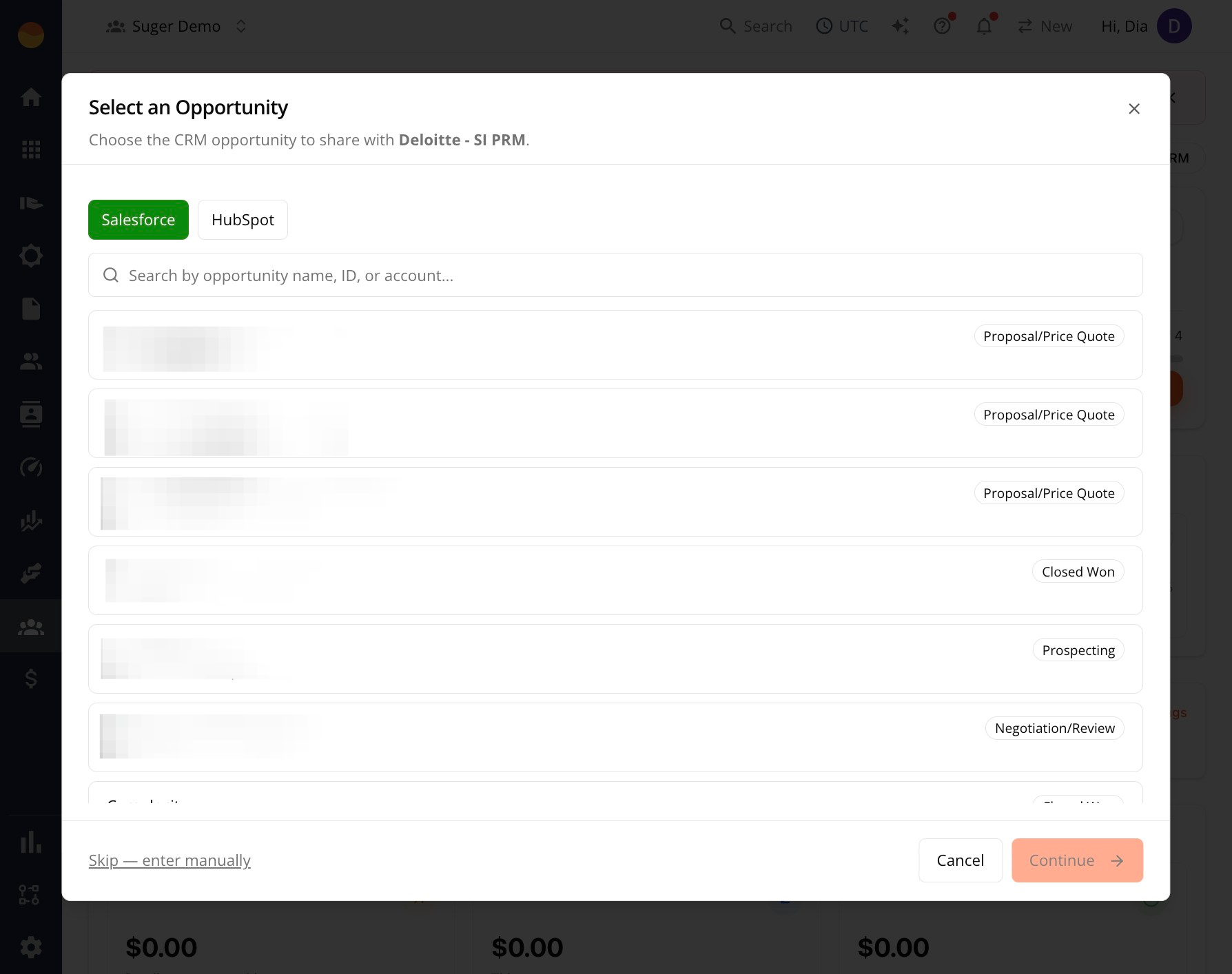 Select an Opportunity window with CRM search results