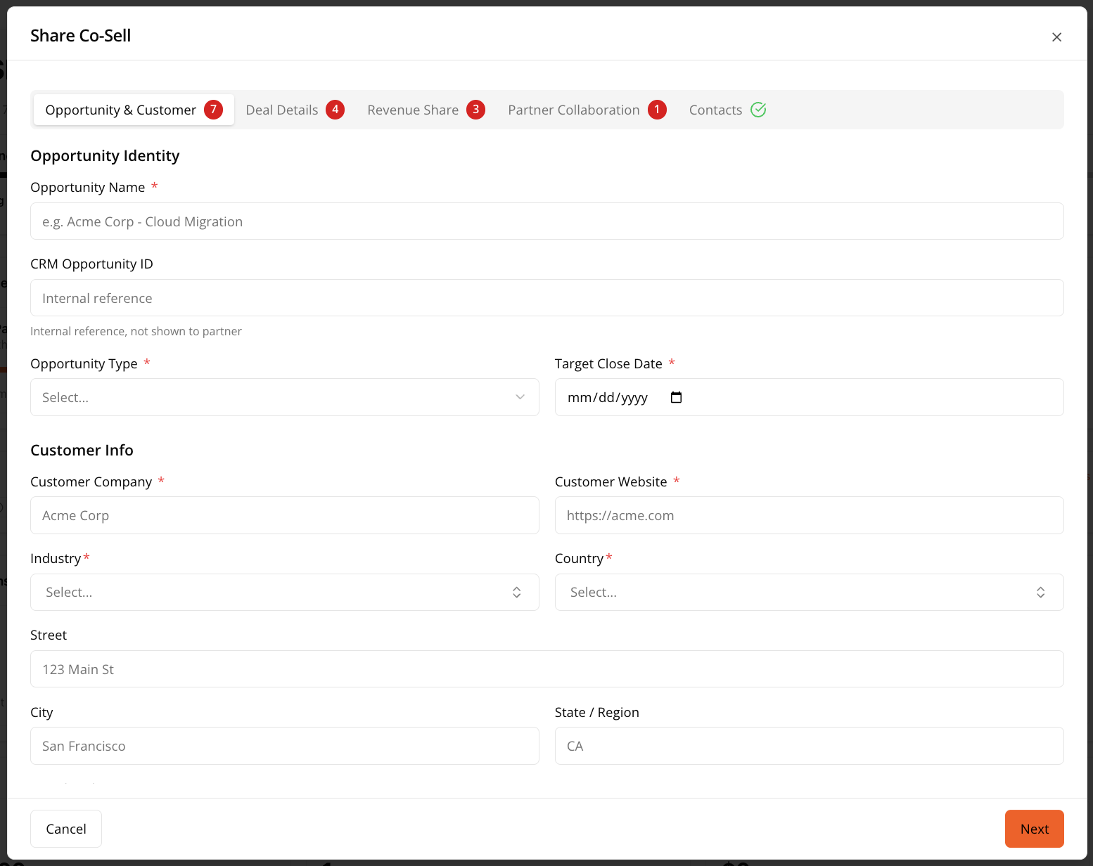 Share Co-Sell form with five tabs and required-field counts