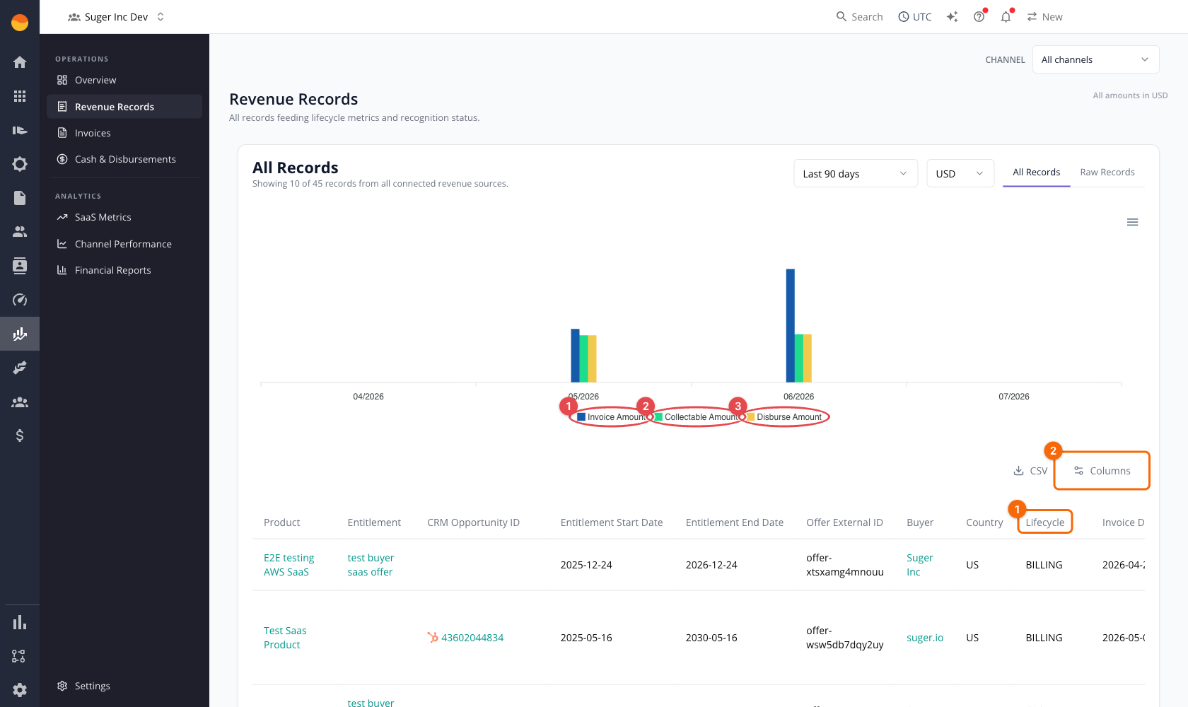 Revenue Records: trend chart with Invoice/Collectable/Disburse series, the Lifecycle column, and the Columns control circled