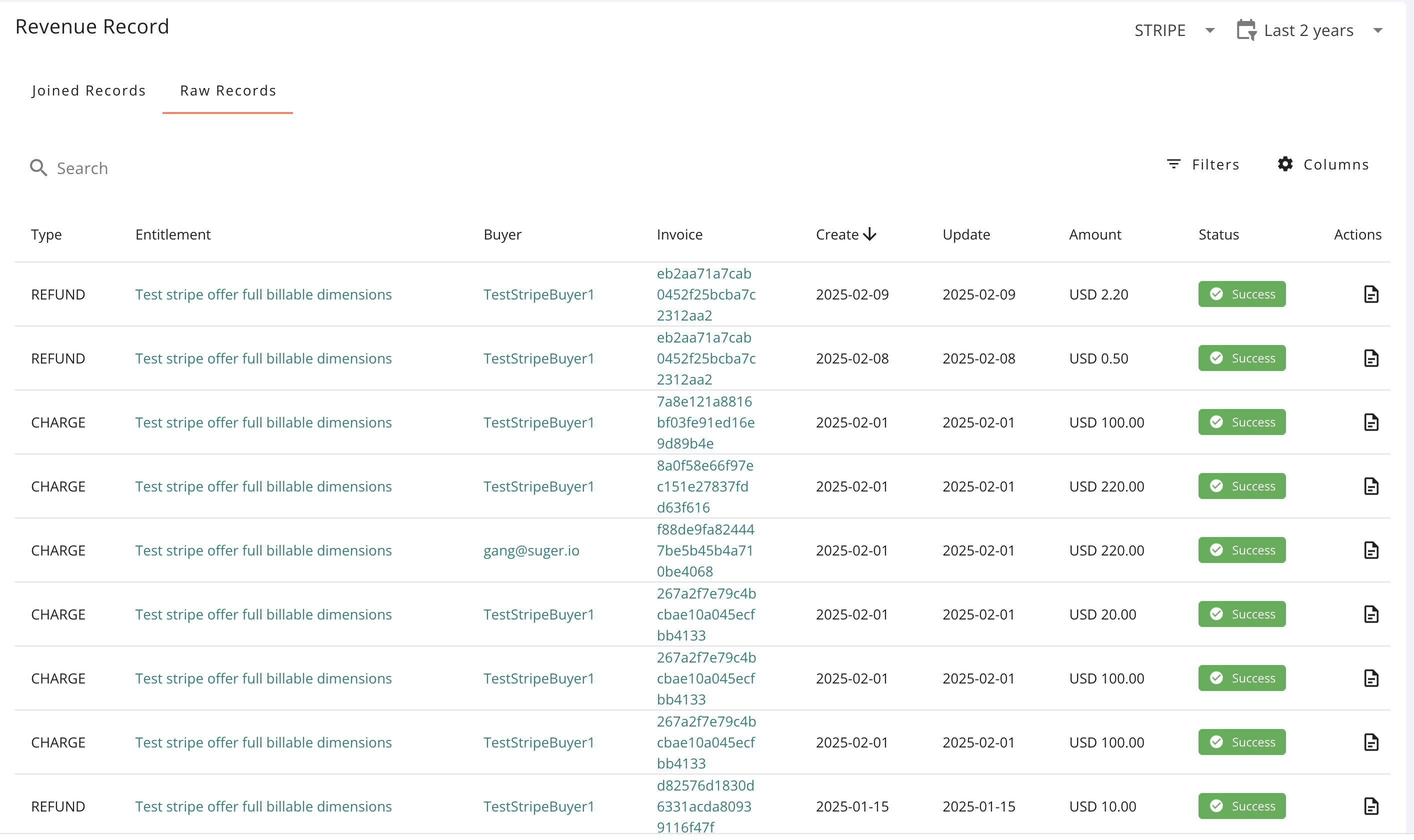 Revenue dashboard Raw Records tab