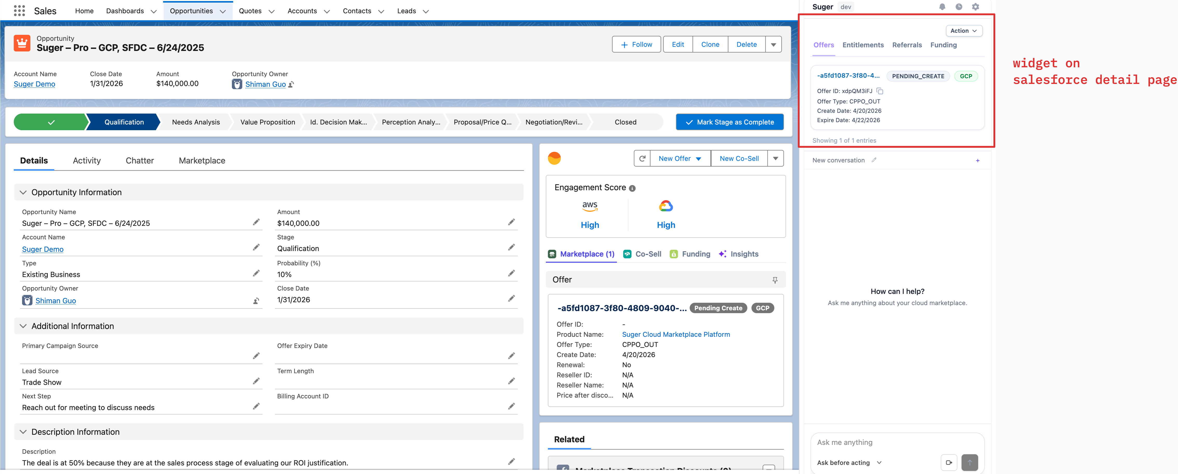 Suger widget on a Salesforce opportunity